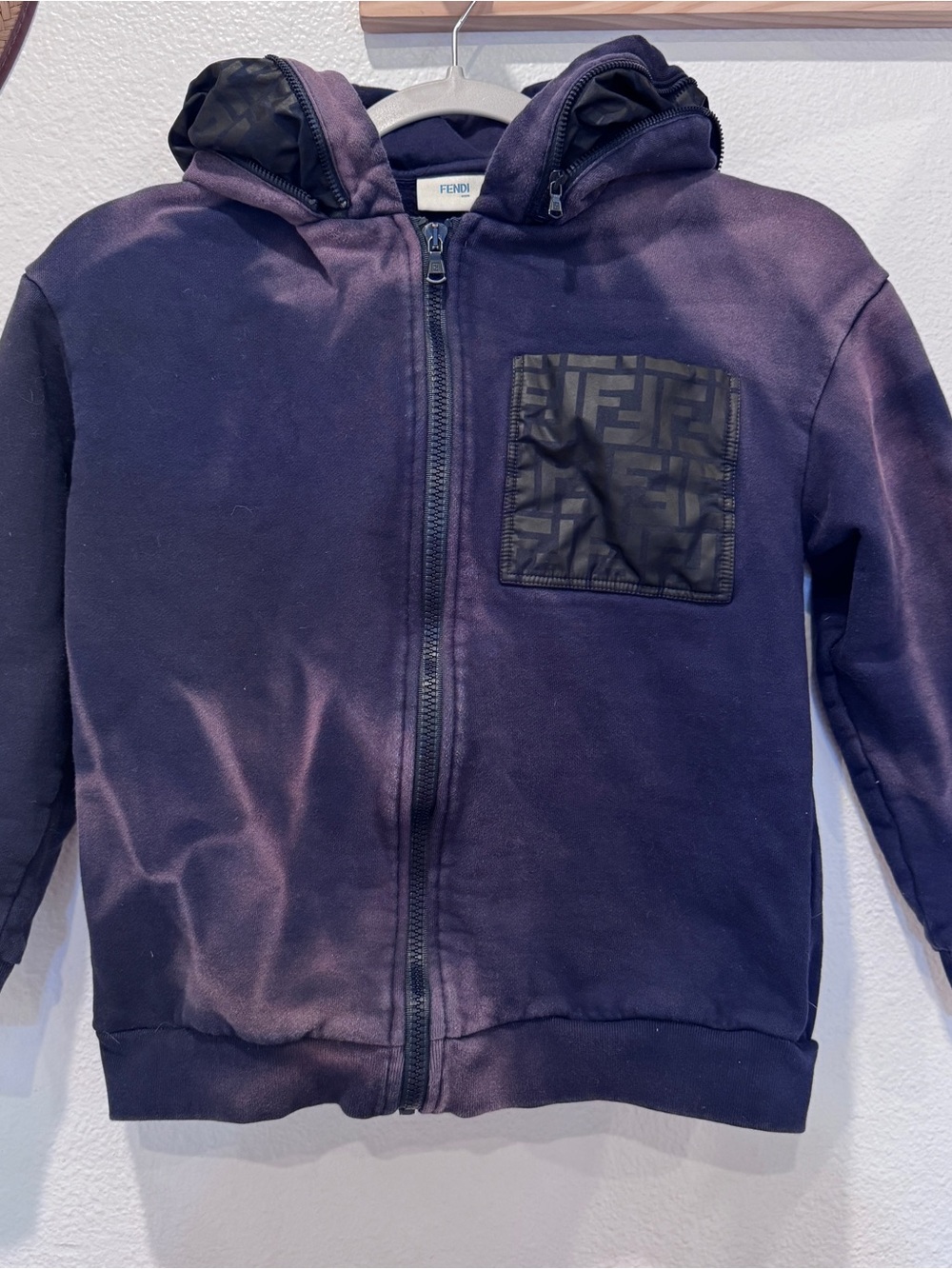 OOAK Fendi Kids Navy Zip 2 Hood Hoodie with Logo Patch Pocket Reverse Tie Dye